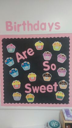 there is a sign that says birthdays are so sweet with cupcakes on it