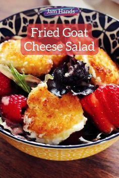 a bowl filled with fried goat cheese salad