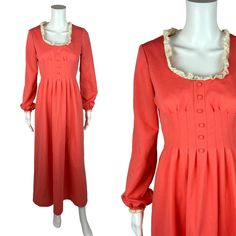 Vintage 70s Maxi Dress Women's Extra Small Bohemian Scoop Neck Peach Pink Prairie LABEL: - FABRIC: feels like a polyester/blend MARKED VINTAGE SIZE: 7 SHOULDERS: 15" SHOULDER TO WAIST: 14" to bottom button SLEEVE LENGTH: 23.5" BUST: 34" WAIST: 28" HIPS: 44" LENGTH: 51.5" CONDITION: great, see photos- has loose threads at bottom of waist seaming, small spot on front hem PINNED TO MODEL?: no ☝For reference Mod's measurements are S 11", B 32.5", W 24", H 32.5"☝ ♪ Wanna dress you up in vintage, all 70s Maxi Dress, 1970s Dresses, Pretty Clothes, Peach Pink, Womens Maxi Dresses, Vintage Pink, Vintage 70s, Pink Color, Vintage Dresses