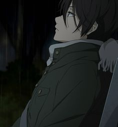 an anime character sitting in the rain with his arm around another person's shoulder