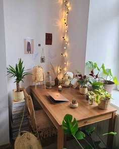 a wooden table topped with lots of potted plants next to a wall mounted planter