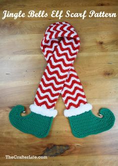 a knitted christmas stocking sitting on top of a wooden floor with text overlay that says,'single bell elf scarf pattern '