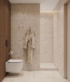 a white toilet sitting next to a walk in shower under a light fixture on a wall