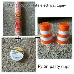 orange cups and white electrical tape are on the floor next to each other, along with an orange party cup