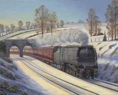 a painting of a train coming down the tracks with snow on the ground and trees in the background