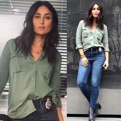 Olive Green Shirt Outfit, Angrezi Medium, Green Shirt Outfits, Dress Over Pants, Lip Colours, Olive Green Shirt, Blue Jean Outfits, Western Wear Outfits