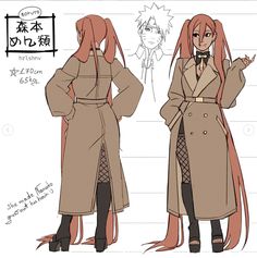 an anime character with long red hair wearing a trench coat and black pants, standing next to another character