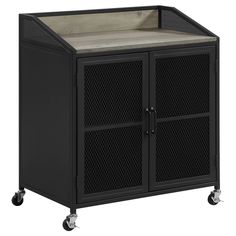 a black cabinet with wheels and an open door