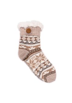 Experience the perfect blend of comfort and style with our cozy Fold Over Button Tab Cabin socks. The beautiful winter colors and wood button detail enhance their overall appeal.43% Acrylic, 27% Polyester Upper100% Polyester Faux Sherpa LiningNon-Skid PVC Dot Sole Outsole100% Polyester Faux Sherpa Footbed4.25 Boot leg circumferenceSocks available in sizes S/M - L/XL full sizes only | Plus Size Women's Fold Over Button Tab Cabin Socks by MUK LUKS in Mocha Mousse Combo (Size S/M) Mocha Mousse, Cabin Socks, Winter Colors, Fold Over, Button Detail, Hosiery, Mocha, Overalls, Active Wear