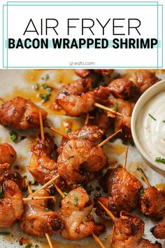 air fryer bacon wrapped shrimp on a plate Air Fryer Bacon Wrapped Shrimp, Bacon Wrapped Shrimp In Oven, Bacon Wrapped Shrimp Air Fryer, Easy Bacon Wrapped Shrimp, Bacon Wrap Shrimp Recipes, Air Fry Bacon, Nye 2025, Recipe For Air Fryer, Air Fryer Bacon