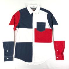 Tommy Hilfiger Mens Xs Slim Fit Navy/White/Red Button Down Cotton Casual Shirt Measurements Chest- 18.5“ Length- 28.5“ Sleeve- 26“ Ships Within One Business Day Of Payment Received. Casual White Shirt With Patchwork, Casual White Patchwork Shirt, White Button-up Shirt With Patchwork, Multicolor Cotton Shirt With Contrast Color, Multicolor Contrast Cotton Shirt, Fitted Cotton Shirt With Color Block, Fitted Cotton Color Block Shirt, Blue Color Block Button-up Shirt, Fitted Multicolor Shirt With Color Block