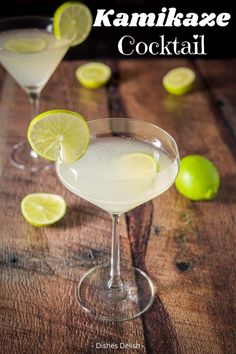 the kamikaze cocktail is garnished with limes and served in coupe glasses