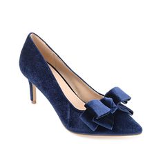 Journee Collection-Crystol Pump A soft velvet fabric upper decorated with a bow accent at the toe offers a great style to the Crystol pump from Journee Collection. This slip-on pump has pointed toe and padded footbed to provide superior comfort. Velvet Pumps, Slip On Pumps, Pumps Heels Stilettos, Blue Pumps, Shoes Heels Pumps, Stiletto Pumps, Journee Collection, Soft Velvet, Womens Heels