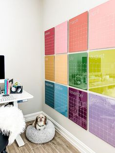 a dog sitting on a bed in front of a wall with calendars painted on it