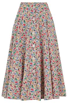 A beautiful 1950s Full Circle Skirt with full buttoned front & neat inseam pockets.. The buttons have cute textured rims just like originals, It has oodles of fabric that hangs luxuriously & swings out beautifully into a full circle when you twist & swirl. The Polly Crepe fabric hangs beautifully & is super soft to the touch and easy care too. Quick International Size Conversion Guide: UK 8, EU 36, US 4 UK 10, EU 38, US 6 UK 12, EU 40, US 8 UK 14, EU 42, US 10 UK 16, EU 44, US 12 UK 18, EU 46, U Multicolor Buttoned Skirt For Spring, Retro Cotton Skirt With Buttons, Vintage Full Skirt With Buttons, Bridesmaid Dresses Ideas, Sewing Clothes Women, Rock Outfit, Full Circle Skirt, Skirt Trends, Full Circle Skirts