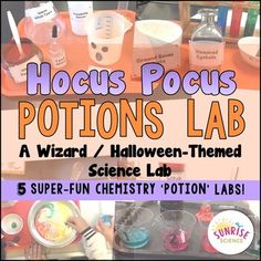 a science lab with lots of items on the table and text that reads hoccus pocus potions lab