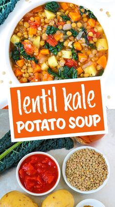 lentil kale potato soup in a white bowl surrounded by other vegetables and ingredients