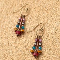 Multicolor Dangling Beaded Brass Earrings, Multicolor Brass Jewelry With Dangling Beads, Colorful Beaded Brass Dangle Earrings, Multicolor Dangle Beaded Brass Earrings, Multicolor Brass Dangle Beaded Earrings, Bohemian Metal Spacer Beads Jewelry, Floyd Virginia, Bead Fringe, Boho Chic Jewelry