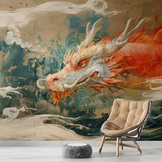 a wall mural with a red dragon on it's face and clouds in the background