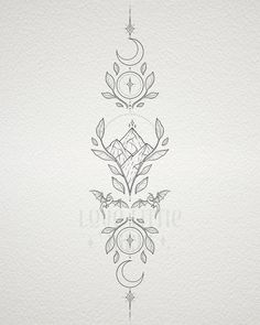 a drawing of an ornate design with leaves and moon in the center on a white paper background