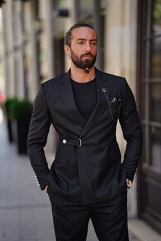 Mono Collar Button Detailed Slim Fit Suit - Black – MenStyleWith Unique Black Suits For Men, Double Button Suit Men, Unique Wedding Suits, Unique Suits For Men, Suit Details, Model Standing, Summer Suits Men, Short Sleeve Suit