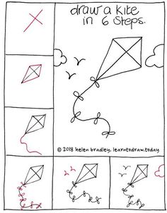 the instructions for how to draw a kite in 6 steps, with pictures on it