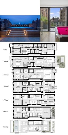 the floor plan for this modern apartment is shown in three different sections, including an open - concept living room and dining area