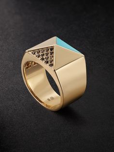 Sydney Evan's polished gold ring is embellished with a statement pyramid stud that's inlaid with a vibrant turquoise stone. It's encrusted with brown pavé diamonds along the wide band and looks best worn solo. Sydney Evan, Ring For Men, Wide Bands, Mr Porter, Turquoise Stone, Pave Diamonds, Pyramid, Turquoise Ring, Gold Ring