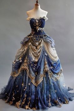 Magical Formal Dress, Blue And Gold Gown, Interesting Dresses, Winter Ball Gown, Blue Fansty Dress, Celestial Dress Gowns, Celestial Ball Gown, Royal Gowns Princesses, Stars Outfit