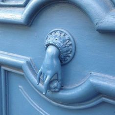 a close up of a door handle with a lion head on it's side