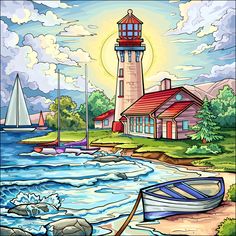 a painting of a lighthouse with boats in the water