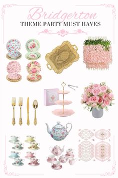 there are many pink and white items on this page with the words bridaleon theme party must haves