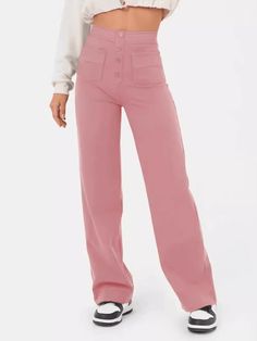 The802Gypsy bottom/pants Pink / S GYPSY GIRL-Casual High Waist Button Straight Leg Pants Celana Fashion, Korean Casual, Polyester Pants, Weave Style, Liberia, Straight Trousers, Type Of Pants, Everyday Dresses, Striped Fabrics