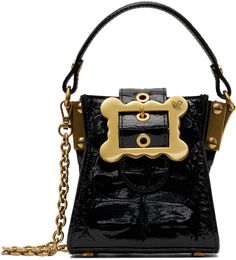 Croc-embossed top handle bag in black. · Fixed carry handle · Detachable curb chain crossbody strap · Bumper studs at base · Magnetic pin-buckle tab at open throat · Moire lining · Logo-engraved antiqued gold-tone hardware · H5 x W4.75 x D3 Supplier color: Black Luxury Crossbody Bag With Hardware, Luxury Satchel Bag With Hardware, Designer Rectangular Bag With Hardware, Vivienne Westwood Bags, The Vivienne, Everyday Accessories, Curb Chain, Handle Bag, Travel Gear