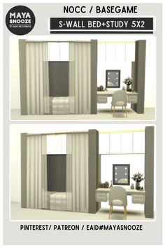 two pictures of the same room with curtains and furniture in it, one is empty