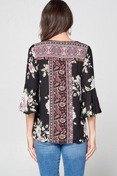 Floral Love Top – Mota Boutique Bohemian Blouse With 3/4 Sleeve Floral Print, Bohemian Floral Print Top With 3/4 Sleeves, Printed 3/4 Sleeve Blouse For Fall, Bohemian Printed Tops With 3/4 Sleeves, Patterned Printed Blouse With 3/4 Sleeves, Spring Black Boho Print Tops, Bohemian Long Sleeve Blouse With Mixed Print, Bohemian Blouse With Floral Print And Bell Sleeves, Black Boho Print Tops For Spring