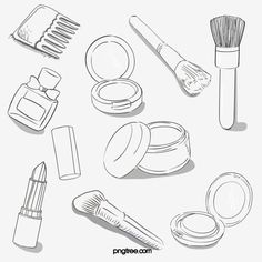 an image of cosmetics and make up items drawn in pencil on a white paper background