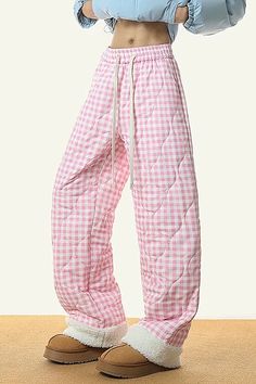 Pink Checkered Puffer Pants, plaid print sweatpants, warm pants, aesthetic pants, winter outfits Pink Checkered