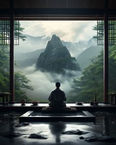 a man sitting on top of a wooden bench in front of a mountain covered with fog