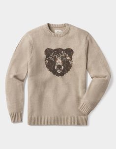 A classic crewneck made from a warm and substantial 5 gauge yarn showcasing an intarsia knit depiction of our brand mascot. With its timeless design and true to size fit, this sweater is perfect for layering during the colder months. Wear it casually or dressed up. Brand Mascot, Bear Sweater, Henley Sweater, Fall Shopping, Overall Dress, Hat Shop, Wear It, Bottoms Pants, Sweater Hoodie