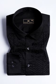 Experience the epitome of luxury with our Jade Black Moti Work Hand Stitched Designer Shirt. Crafted from Super Soft Premium Cotton, it's a masterpiece of meticulous craftsmanship, adorned with stunning moti work. This shirt redefines fashion, combining opulence with elegance. Elevate your style with this exquisite and timeless classic! Fused collar and cuffs, collar stand and flat felled side seams provide structure and stability to all our shirts. 100 % Premium Cotton; Comfortable soft hand, g Moti Work, Types Of Textiles, Embroidered Shirts, Shoulder Shirts, Soft Hand, Embroidered Shirt, Collar And Cuff, Timeless Classic, Body Measurements