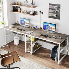 a desk with two computer monitors on it