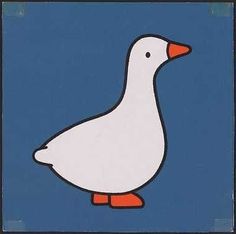 a white duck with orange feet standing in the middle of a blue square frame,