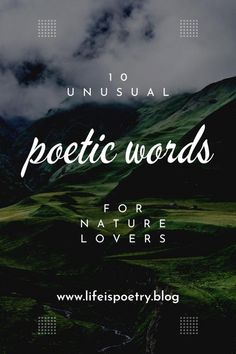 the words, unsual poetry words for nature lovers are in front of a mountain range