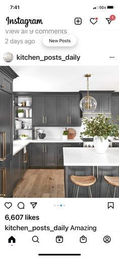 a kitchen with gray cabinets and white counter tops is featured on the instagram page