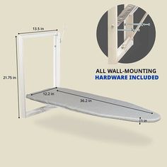 an ironing board is shown with measurements for the wall mounting hardware included in this image