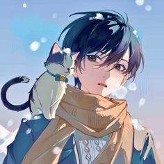 an anime character holding a cat on his shoulder and wearing a scarf over his shoulders