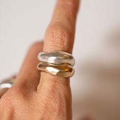 Organically carved ring that flows in thickness. Details: Original design carved in wax and cast in sterling silver. Gold ring is vermeil. Sold as a single ring. Minimal Chunky Rings, Silver Rings For Women Unique Thick, Simple Big Ring, Bulky Rings Women, Etsy Silver Rings, Gold Rings Hand, Gemstone Silver Ring, Wax Jewelry Carving, Chunky Gold Rings Aesthetic