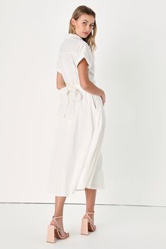 Imagine yourself looking absolutely stunning under the Sicilian sun with the Lulus Palermo Perfection White Collared Midi Dress with Pockets! Textured, woven cotton-blend fabric shapes this summer day-ready dress that features a collared neckline and a blousy bodice, framed by short sleeves with rolled cuffs. Long tying sashes wrap around the waist and secure at the back, creating a flirty cutout detail at the front. Elastic at back of the waist for fit. The flowy, A-line midi skirt boasts side White Midi Dress With Tie Waist For Summer, White Summer Midi Dress With Tie Waist, Summer Midi Dress With Relaxed Fit For Daytime, Relaxed Fit Midi Dress For Summer Daytime, White Tie Waist Midi Dress For Beach, Short Sleeve Midi Dress With Tie Waist For Summer, White Midi Dress With Tie Waist For Beach, Relaxed Fit Dress For Daytime Summer, White Midi Dress With Tie Waist For Daywear