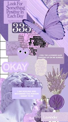 a collage of purple and white images